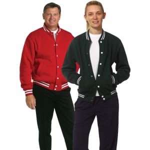 A red fleece varsity jacket worn by a man and a green fleece varsity jacket worn by a young person, both with stripes.