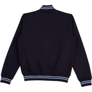 A navy fleece varsity jacket featuring a ribbed collar and striped cuffs. Includes a logo on the back.