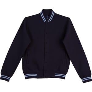 A black fleece varsity jacket with blue striped cuffs and collar, featuring front buttons and side pockets.