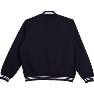 A navy fleece varsity jacket featuring a striped collar and cuffs, with a simple design and no visible logos.