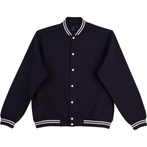A black fleece varsity jacket with white stripe detailing and a branded logo on the chest.