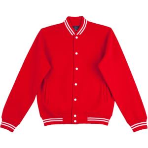A red fleece varsity jacket featuring white striped cuffs and collar, with a logo on the chest.