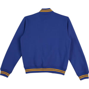 A blue fleece varsity jacket featuring contrasting striped ribbing on the collar and cuffs, with a logo at the front.