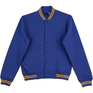 A blue fleece varsity jacket featuring yellow and orange striped ribbed cuffs and collar, with front pockets and buttons.