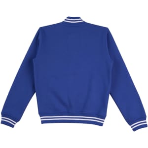 A blue adult's fleece varsity jacket with white striped cuffs and collar, featuring a logo on the back.