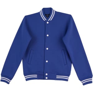 A blue fleece varsity jacket featuring contrasting white stripes and a logo. It has a button-up front and side pockets.