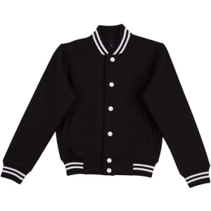 A black kids' fleece varsity jacket with white striped ribbing and a branded logo. Features front pockets and snap buttons.