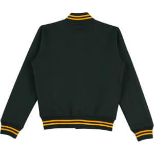 A green varsity jacket featuring yellow striped cuffs and collar, with a logo on the front.