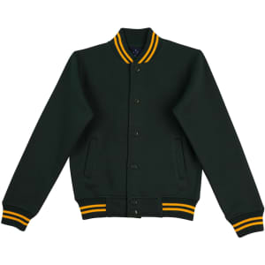 A green kid's fleece varsity jacket with yellow striped collar and cuffs, featuring a logo.