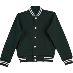 A green varsity jacket featuring a collar, striped cuffs, and a front button closure. It includes side pockets and a logo.