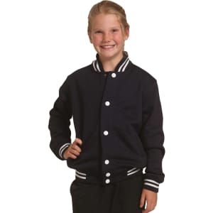 A navy blue children's fleece varsity jacket with white striped details and buttons, worn by a smiling child.
