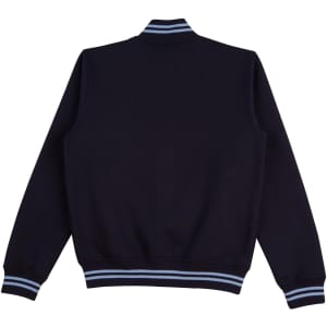 A navy blue kids' fleece varsity jacket featuring striped cuffs and collar, with a logo present.