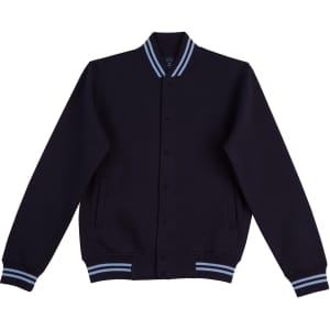 A navy blue kid's fleece varsity jacket with striped cuffs and collar, featuring a front button closure and side pockets.