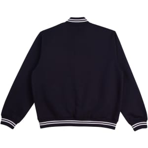 A navy blue kids' fleece varsity jacket with white striped accents on the cuffs and collar. Features a logo.