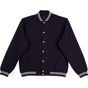 A black kid's fleece varsity jacket with white striped ribbing and a front button closure. It has a logo on the inside.