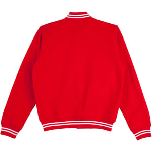 A red varsity jacket with white stripes on the collar and cuffs, featuring a logo on the front.