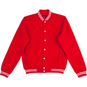 A bright red fleece varsity jacket with white striped cuffs and collar, featuring a logo.