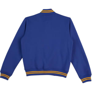 A blue kid's fleece varsity jacket with yellow and white striped detailing on the collar and cuffs.