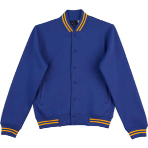 A blue fleece varsity jacket with yellow-striped cuffs and collar, featuring side pockets and a logo.