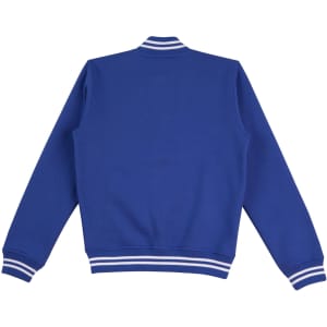 A blue kid's fleece varsity jacket with white striped cuffs and collar, featuring a logo.