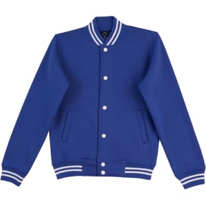 A blue kid's fleece varsity jacket with white striped cuffs and waistband, featuring a logo.