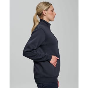 A woman in a side profile wearing a dark grey unisex premium fleece half zip sweatshirt, featuring a pocket.