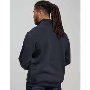 A dark navy unisex fleece half zip sweatshirt with a back view, featuring a logo on the sleeve.