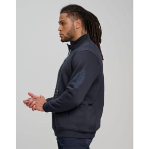 A unisex premium fleece half zip work sweater in navy. Features a logo and a side view of the model wearing it.