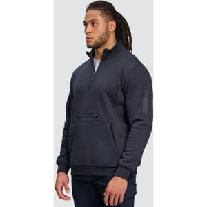 A unisex premium fleece half zip work sweat in navy blue, featuring a front pocket and a logo on the sleeve.