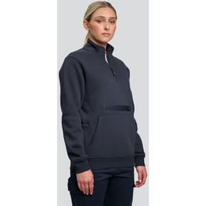 A unisex premium fleece half zip work sweat in navy, featuring a front pocket and a logo.