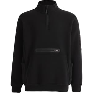 A black unisex premium fleece half zip work sweatshirt with a front pocket and a branded logo.