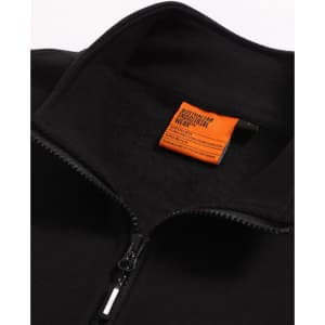 A black unisex premium fleece half zip sweatshirt featuring a zippered front and a tag inside.