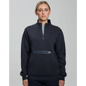 A navy unisex premium fleece half zip work sweatshirt with a zippered front pocket and long sleeves.