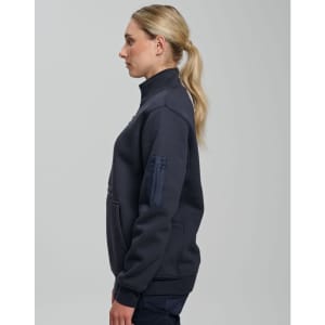 A unisex premium fleece half zip work sweatshirt in navy, featuring a logo and side pockets.