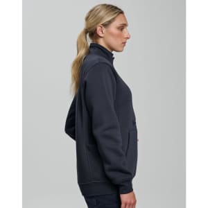 A side view of a dark navy unisex premium fleece half zip work sweat, featuring a high collar and pockets.