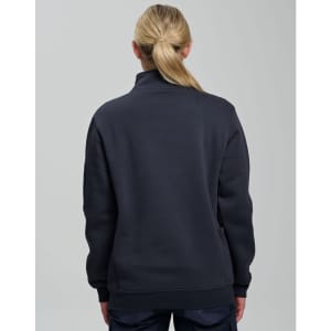 A unisex premium fleece half zip work sweat in navy blue, featuring a simple design and a logo on the back.