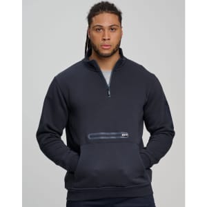 A unisex premium fleece half zip sweatshirt in navy, featuring a front pocket and a logo.