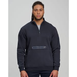 A unisex premium fleece half zip work sweat in navy blue, featuring a zip pocket and a logo on the sleeve.
