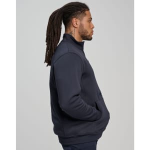 A unisex premium fleece half zip work sweat in navy blue, featuring a high collar and a side pocket.