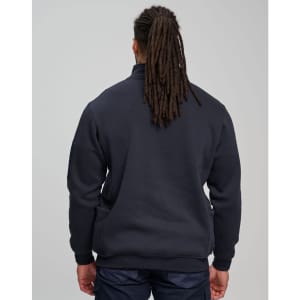 A navy unisex premium fleece half zip sweat with a relaxed fit and a logo on the back.