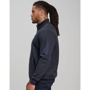 A navy unisex premium fleece half zip work sweat with a logo and a side view of a model wearing it.