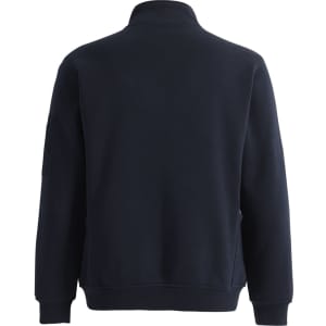 A navy unisex premium fleece half zip work sweat featuring a collar and a logo on the sleeve.
