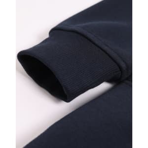A close-up view of a navy fleece half zip work sweatshirt, showcasing the ribbed cuff detail and soft fabric.