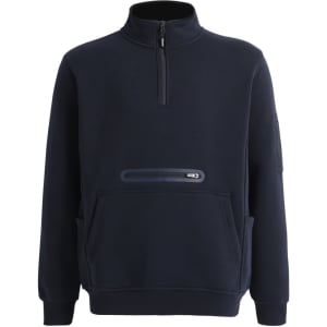 A unisex navy fleece half-zip work sweat with a front pocket and a logo on the sleeve.