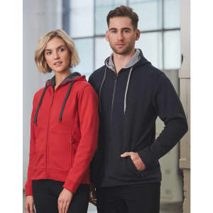 A red ladies' full zip fleece hoodie and a navy men's version, both featuring contrasting hoods, displayed against an urban backdrop.