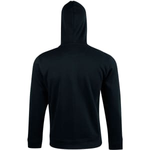A black men's full zip contrast fleece hoodie with a hood, featuring a logo on the back.