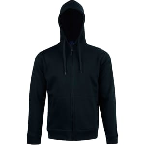 A men's full zip contrast fleece hoodie in black, featuring a hood and a logo. Suitable for casual wear.