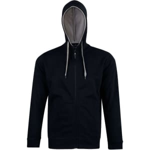 A black full zip fleece hoodie with a contrasting inner hood and pockets, featuring a logo.