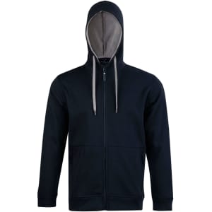 A black full zip fleece hoodie with a contrasting inner lining and a hood. Features pockets and a logo.