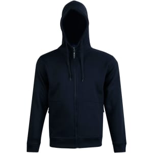 A men's full zip hoodie in black fleece with a hood and front zipper. Features a logo on the chest.